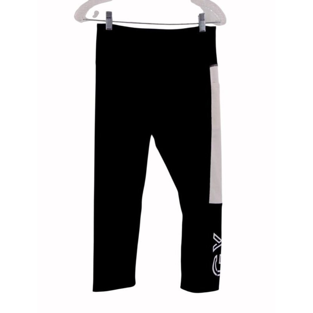 GTX Gottex Black White Capri Leggings M Logo Color Block Yoga Athleisure Running